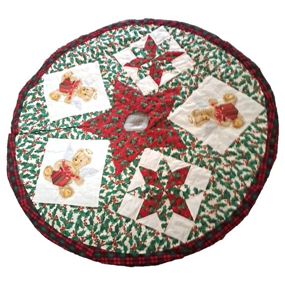 Handmade Christmas Tree Skirt Quilted Teddy Bear Angels Holly Star Plaid 48"